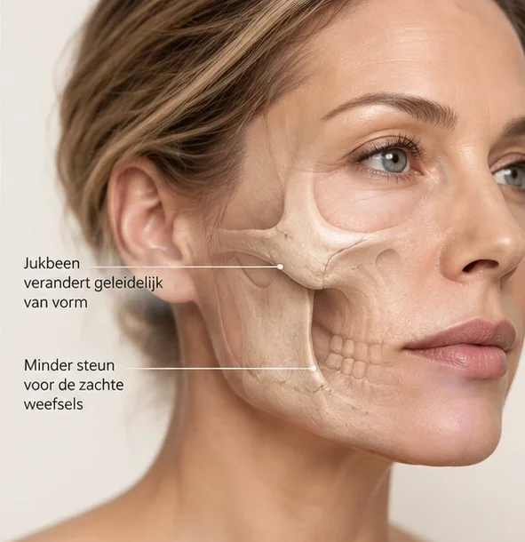 Het jukbeen verandert geleidelijk van vorm en geeft minder steun aan de zachte weefsels